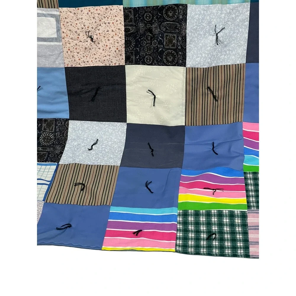 Vintage Patchwork‎ Quilt Blue Plaid Striped Hand Tied Cottagecore Twin